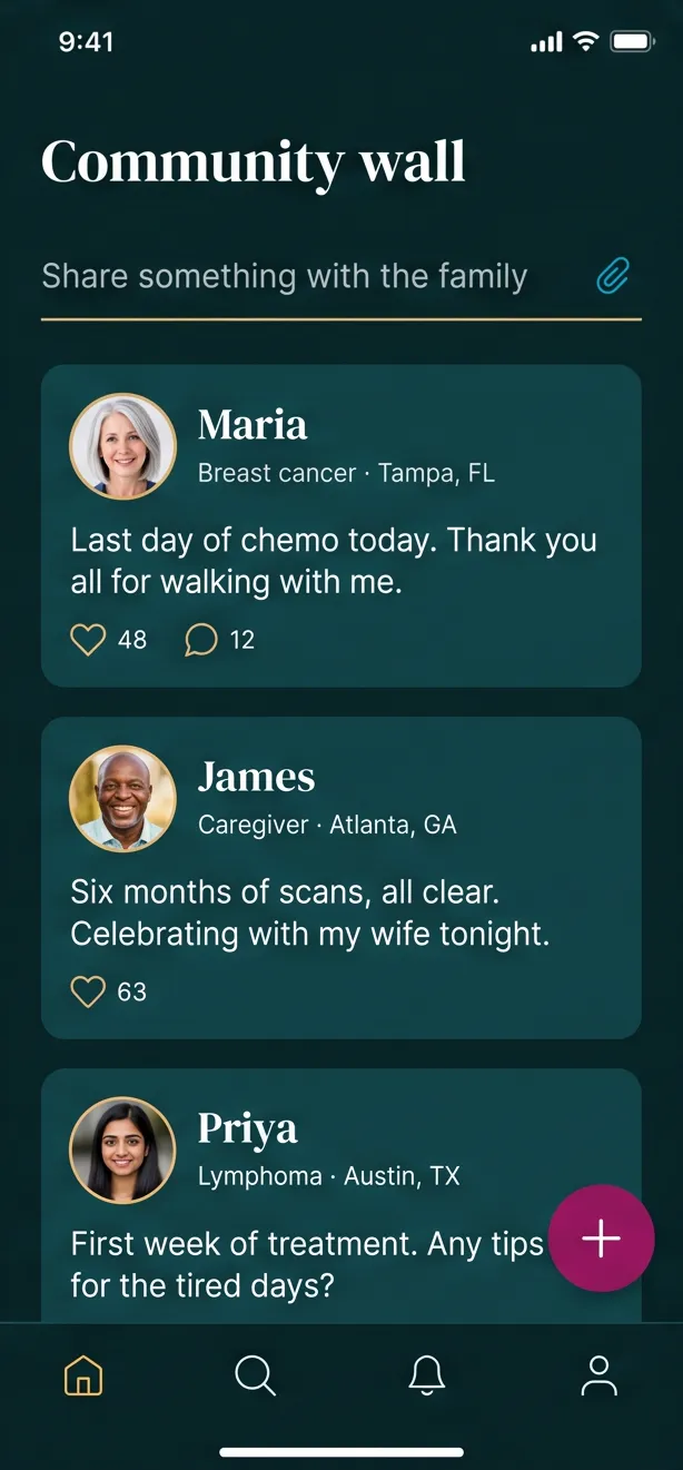 Illustration of the app’s community wall, where members post updates and encouragement